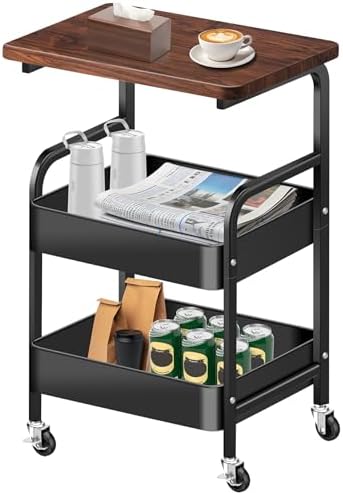 Chariot de rangement roulant 3 niveaux avec plateau en bois