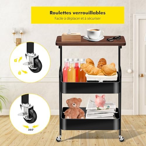 Chariot de rangement roulant 3 niveaux avec plateau en bois